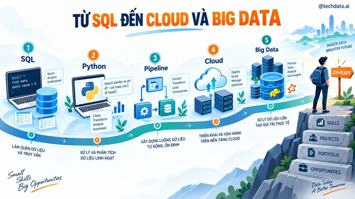 Các giai đoạn học Data Engineer từ SQL đến Cloud và Big Data