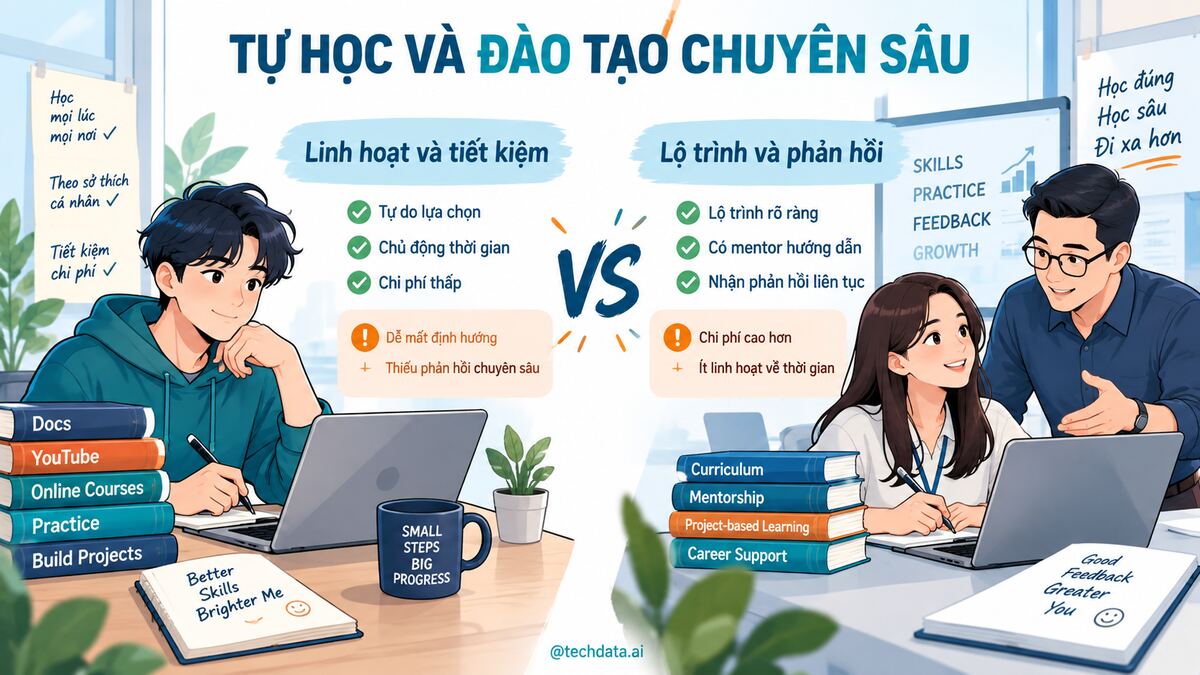 So sánh tự học Data Engineer với chương trình đào tạo chuyên sâu