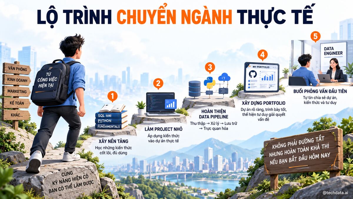 Lộ trình chuyển ngành Data Engineer thực tế từ nền tảng đến Portfolio