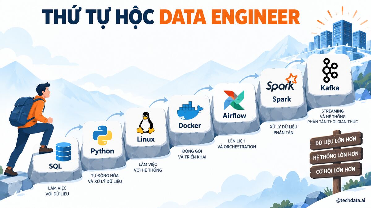Thứ tự học SQL, Python, Linux, Docker, Airflow, Spark và Kafka cho Data Engineer