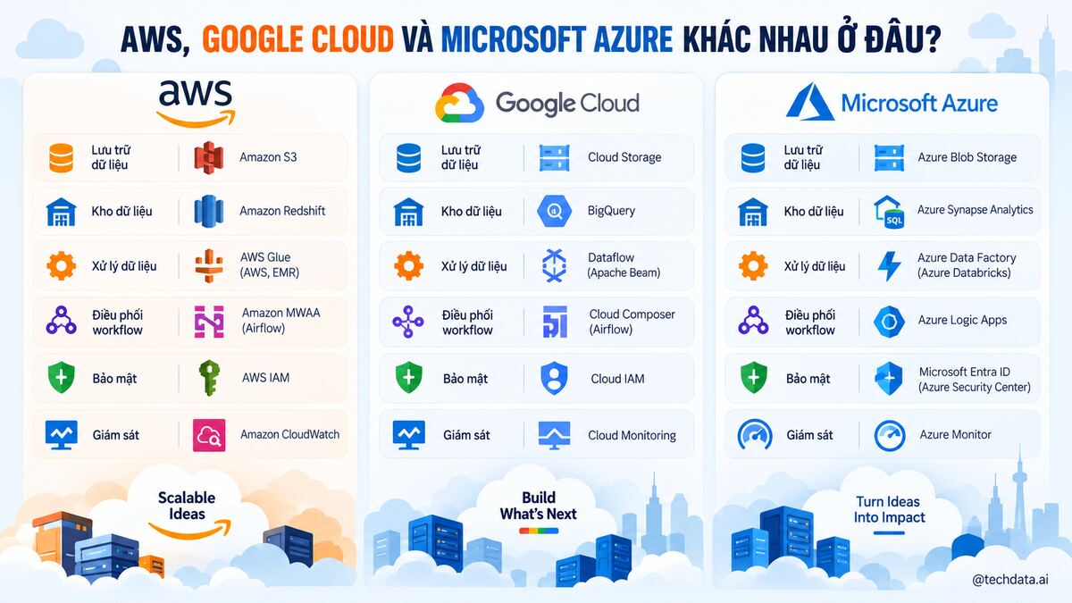 So sánh dịch vụ Data Engineering trên AWS, Google Cloud và Microsoft Azure