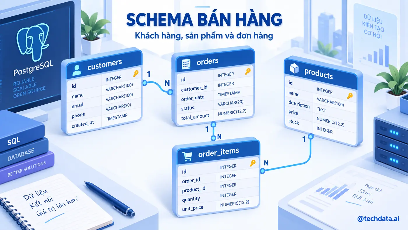 Schema bán hàng PostgreSQL gồm khách hàng sản phẩm và đơn hàng