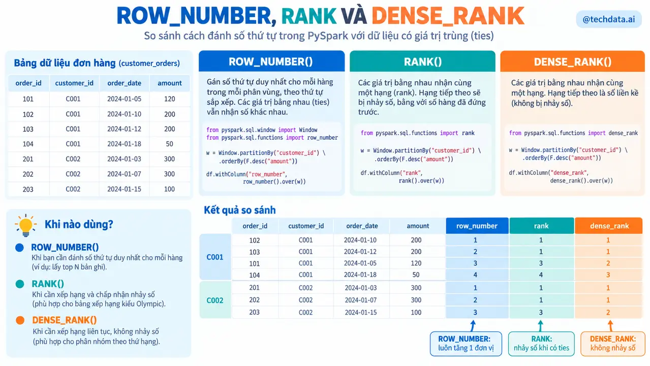 So sánh row_number rank và dense_rank
