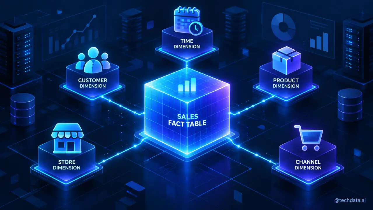 Cấu trúc bảng fact và các bảng dimension trong mô hình dữ liệu hình sao