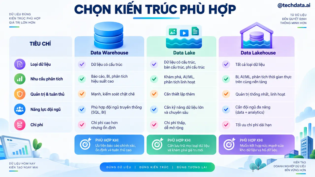 Tiêu chí chọn Data Warehouse, Data Lake hoặc Data Lakehouse
